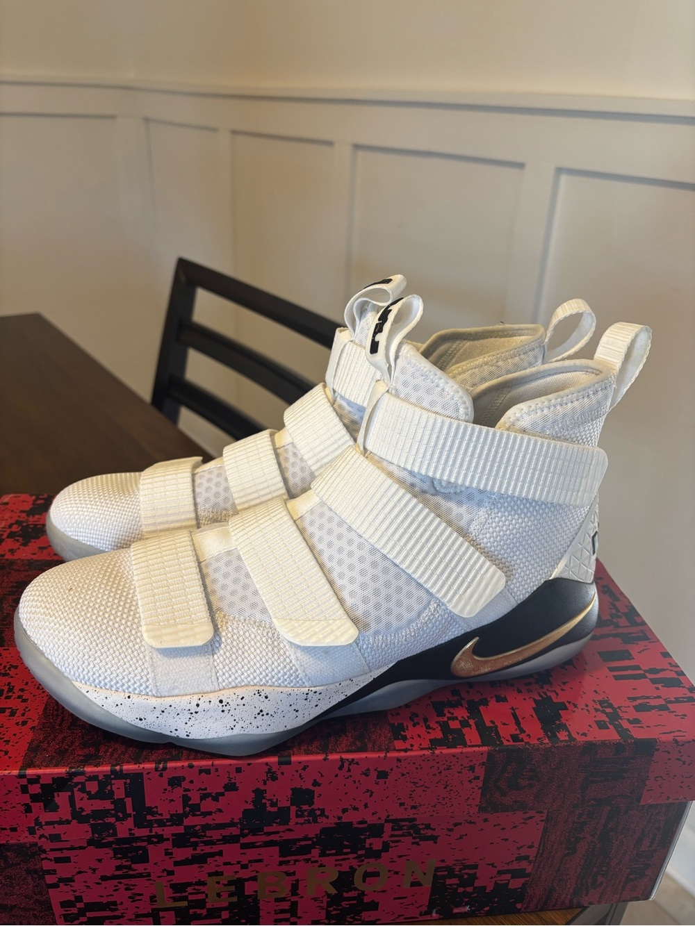 Nike lebron White and Gold High-Top Strap Sneakers